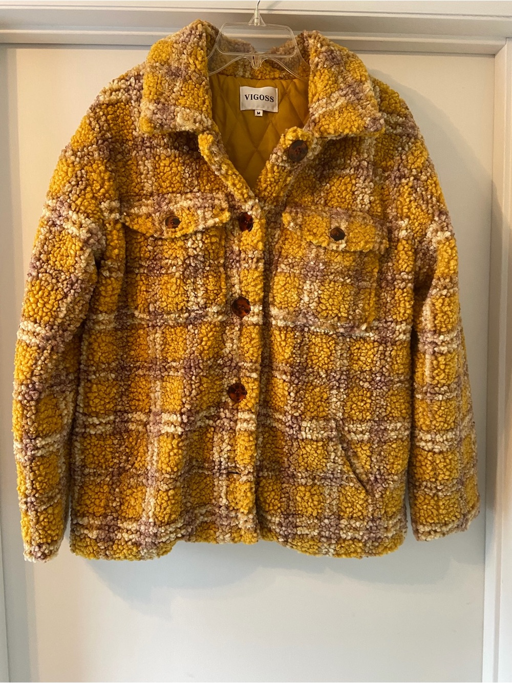Vigoss Mustard Plaid Sherpa Button Jacket
